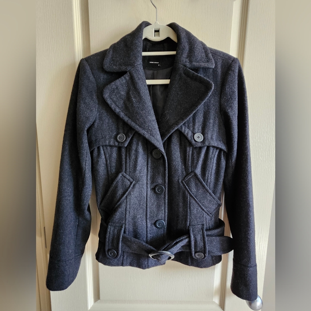 VERA MODA Kularna Waist Length Gray Wool Blend Peacoat Jacket w Belt. Size S-M.